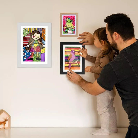 A4 magnetic front changeable kids art frames in solid wood, available in multiple colors