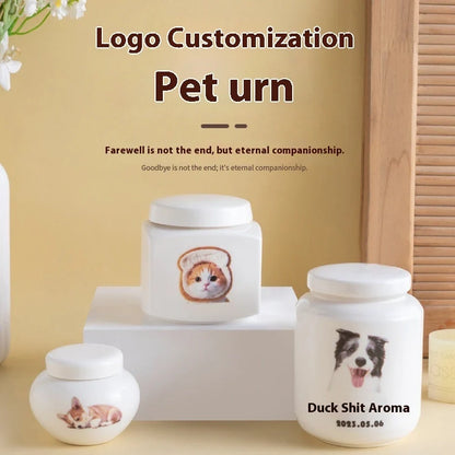 Handmade ceramic pet memorial urn with custom logo engraving for ashes storage