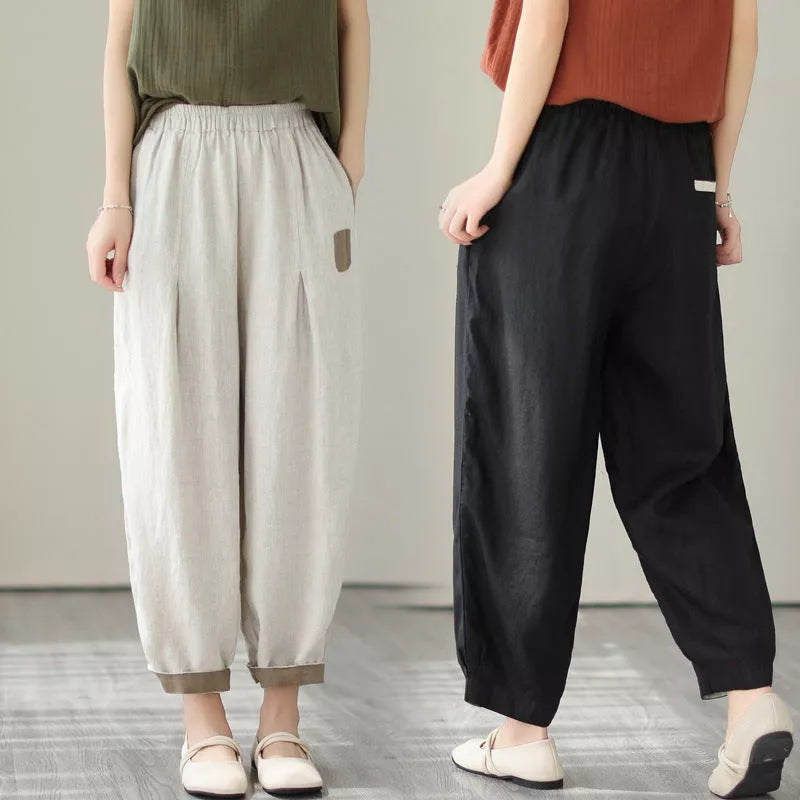 Loose large size slimming high waist pants in black, brown, and linen colors