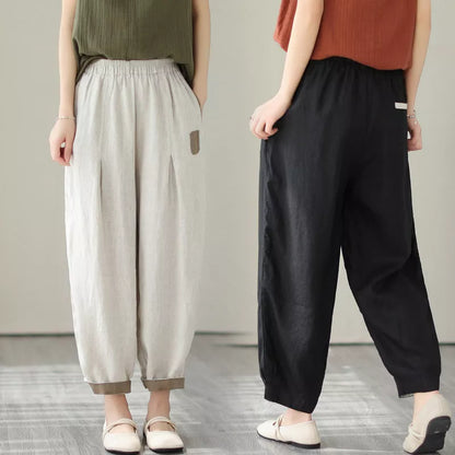 Loose large size slimming high waist pants in black, brown, and linen colors