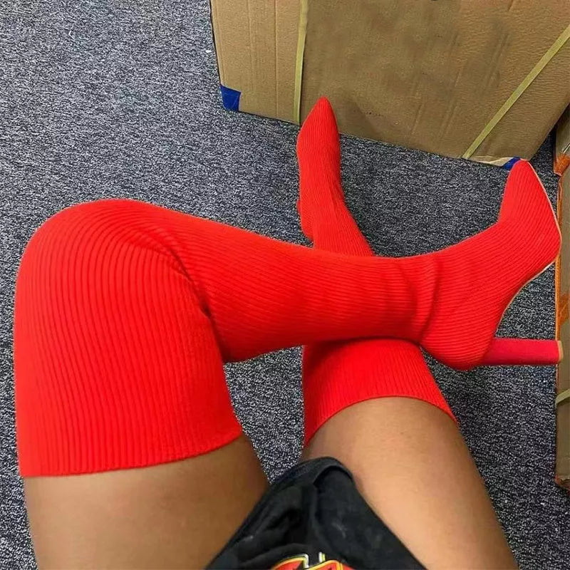 Women's over knee long boots with pointed toe and high heel in various colors