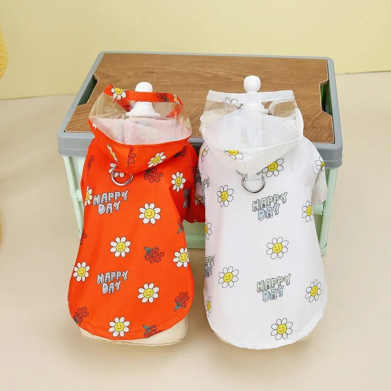 Transparent dog raincoat with two-foot design and pull ring in small flower pattern