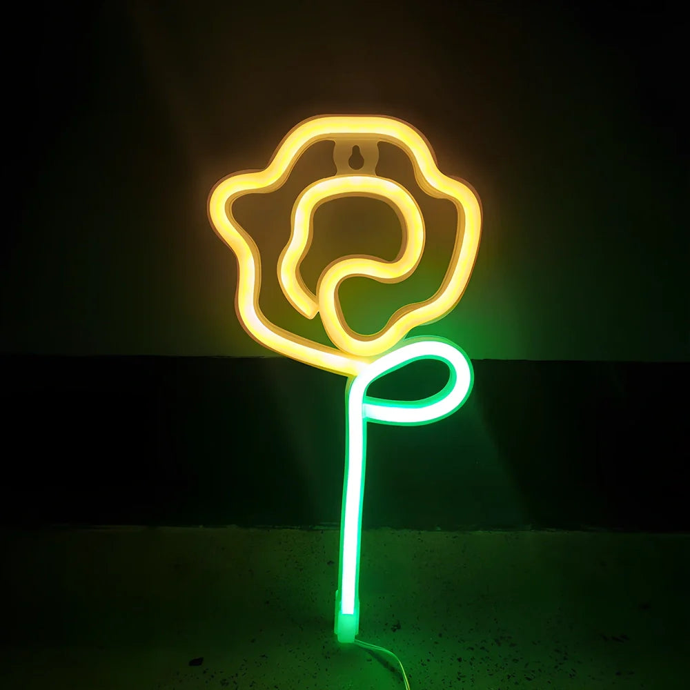 LED rose neon light with plastic shell measuring 14x28cm in multiple colour options for bedroom decoration