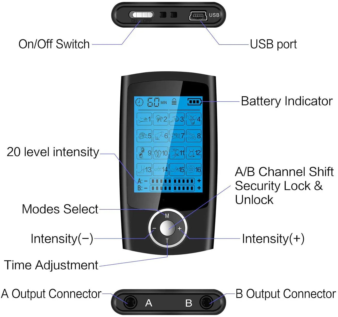 Rechargeable TENS unit with 16 massage modes, adjustable timer and intensity, and dual output for pain relief and muscle stimulation