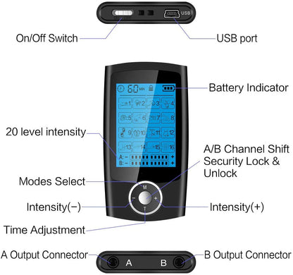 Rechargeable TENS unit with 16 massage modes, adjustable timer and intensity, and dual output for pain relief and muscle stimulation