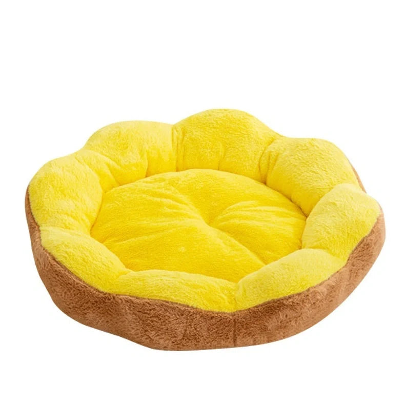 Round detachable washable pet bed with raised sides showing brown grey colour option