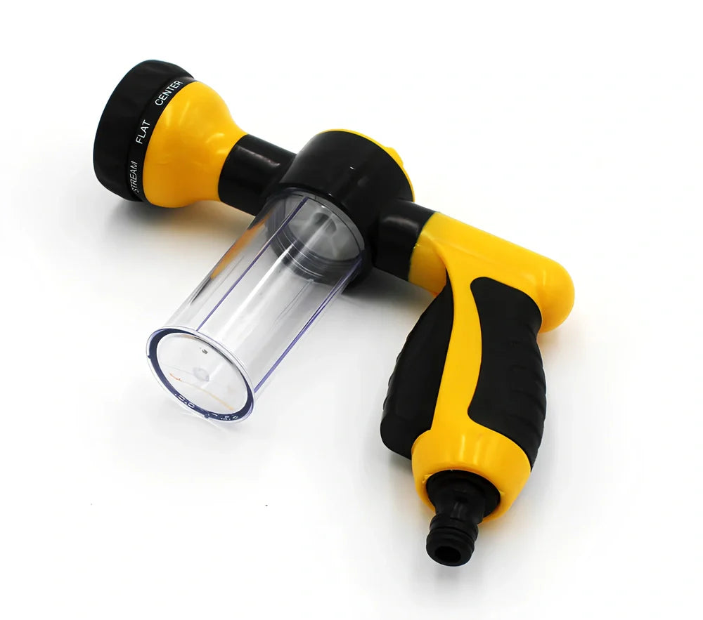 Green plastic household foam high pressure car wash water gun, 22x19x6cm size with adjustable nozzle for foam spraying