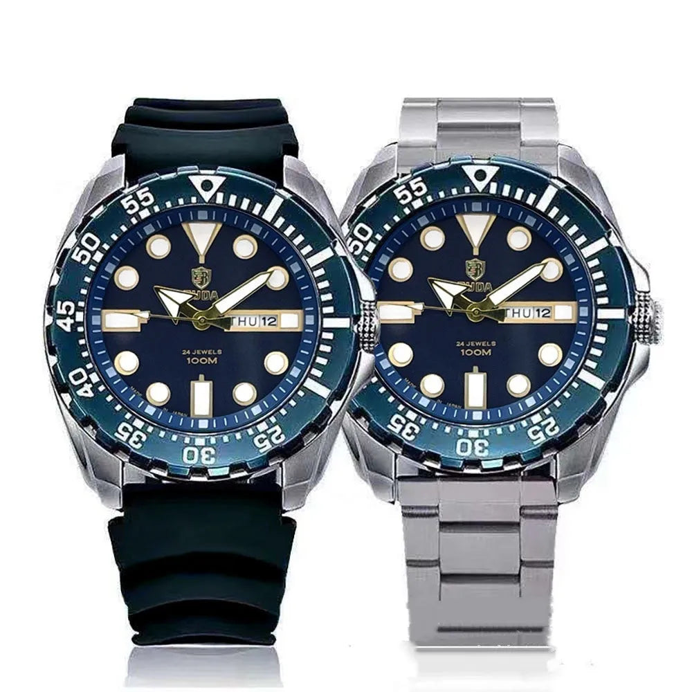 Men's waterproof luminous sports watch showing blue dial with steel strap option