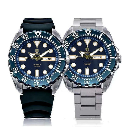 Men's waterproof luminous sports watch showing blue dial with steel strap option