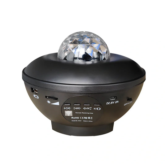 Black Bluetooth music laser projector light with remote control showing compact 160mm dimensions