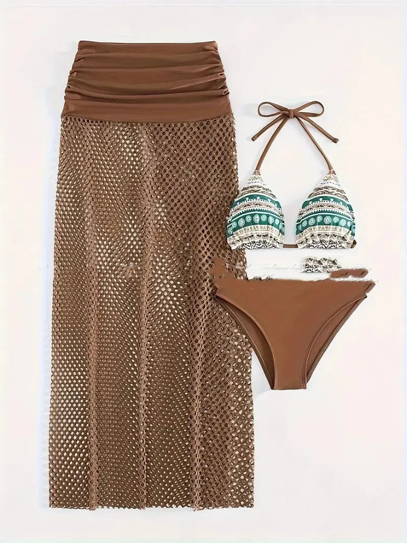 Women's three-piece bikini set with fishnet long skirt in gradient brown, rose pink, or black colours