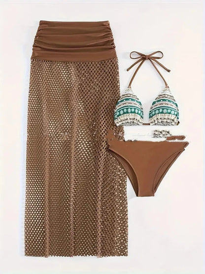 Women's three-piece bikini set with fishnet long skirt in gradient brown, rose pink, or black colours