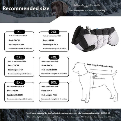 A large dog wearing a black waterproof winter coat with reflective strips, showing sizes XL to 6XL available.