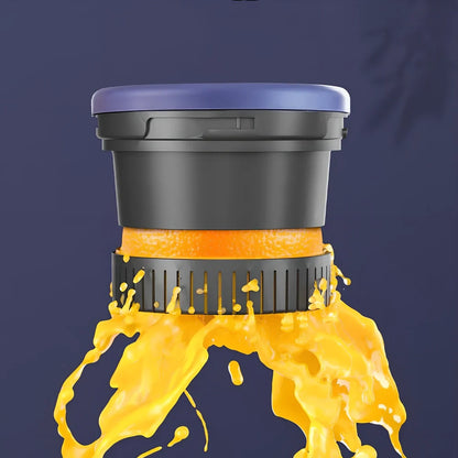 Blue portable USB electric juicer with spiral cutter, measuring 18cm height with USB cable connection