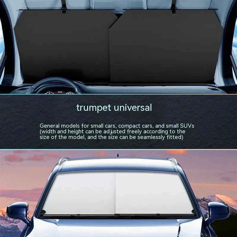 Automatic retractable car sunshade showing Oxford cloth material and retraction mechanism