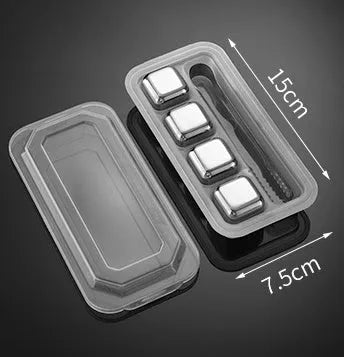 Set of eight stainless steel whiskey cooling stones with metal clip in plastic storage container