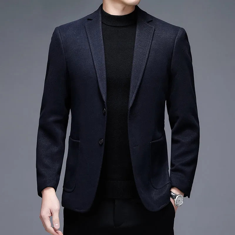 Men's solid colour woolen winter jacket in loose fitting casual business style