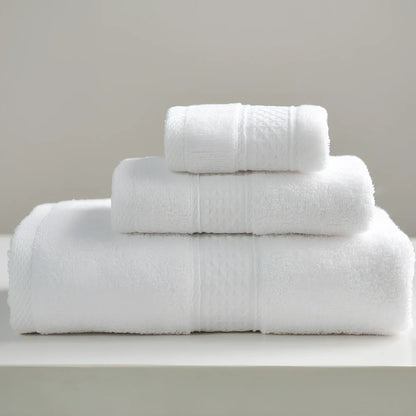 Three cotton towels: 33cm square, 32cm×73cm standard, 70cm×140cm bath towel in coordinated colours