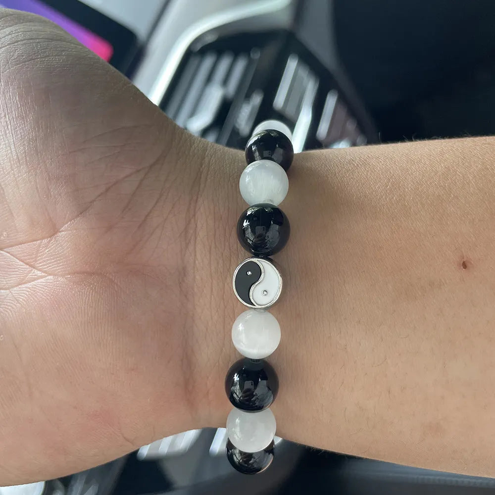 Natural opal and black agate Tai Chi bracelet with 10mm beads in Chinese unisex design