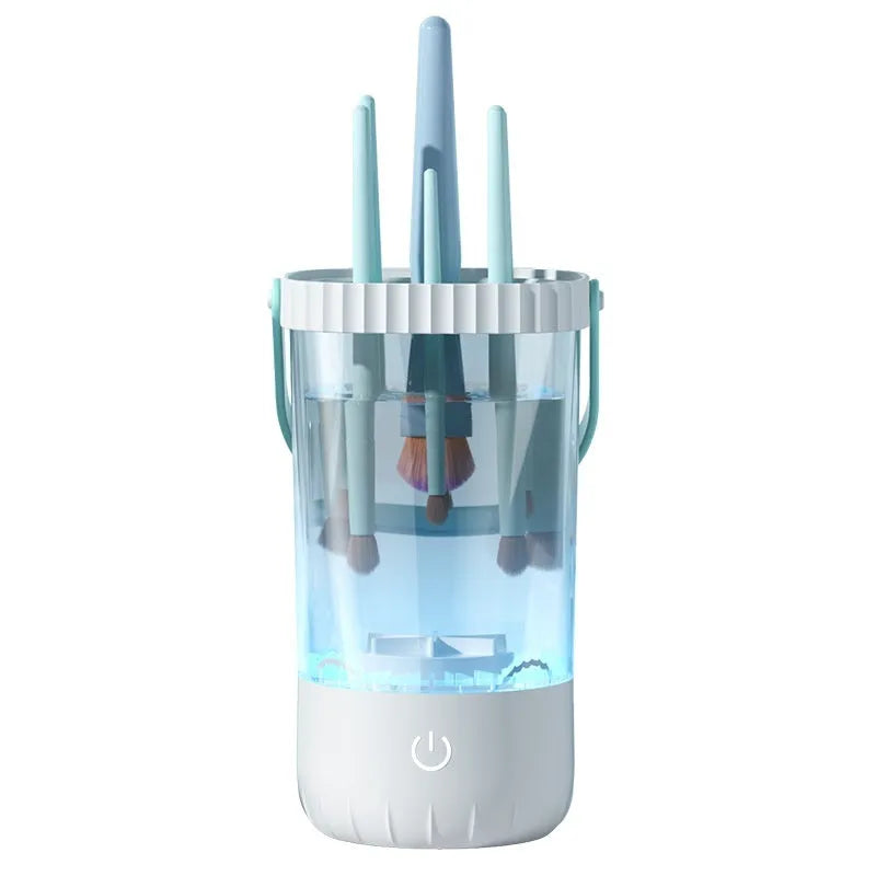 White rechargeable electric makeup brush cleaning device with USB cable, measuring 24cm length