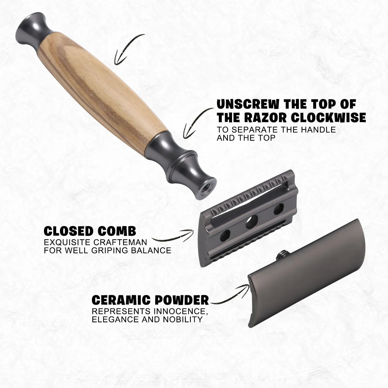 Men's manual shaving razor with olive wood handle and metal razor holder