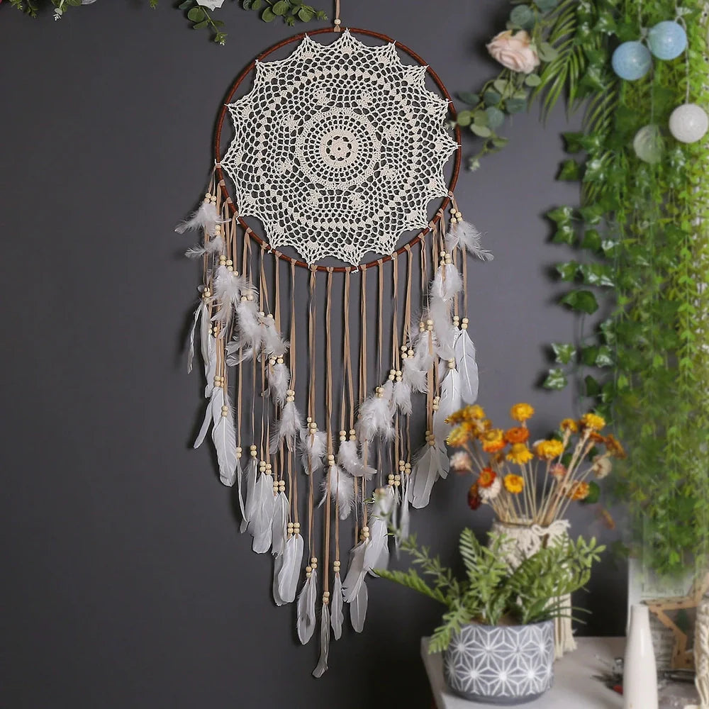 Bohemian dreamcatcher wall hanging with 30 cm iron ring frame and hollow design in MS9141A warm tone