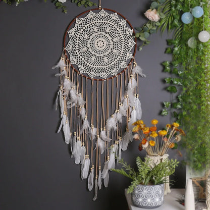 Bohemian dreamcatcher wall hanging with 30 cm iron ring frame and hollow design in MS9141A warm tone