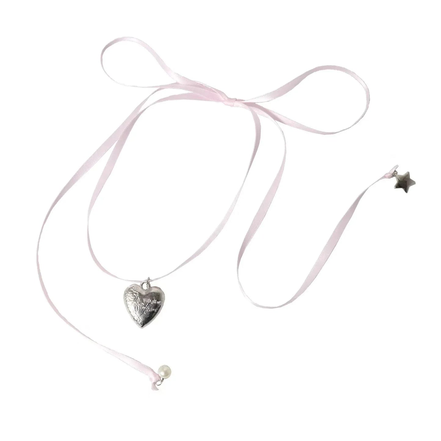 Women's ribbon love pendant necklace with adjustable 45-50cm chain in electroplated finish