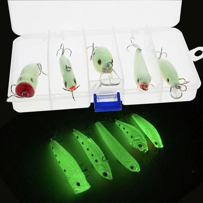 3D fluorescent simulation submerged luminous hard bait fishing gear set with five realistic fish lures in suit colours