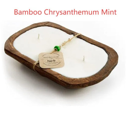 Retro wooden basin containing a lavender-scented soy wax candle with three visible wicks.