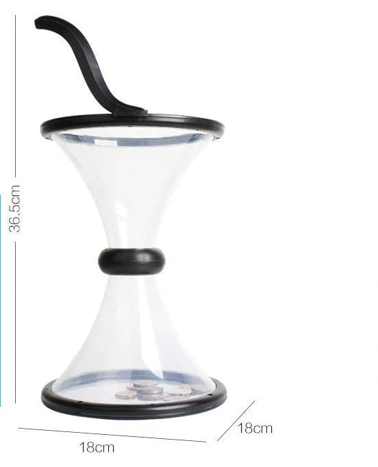 Transparent vortex piggy bank with coins spiraling down, fun and educational