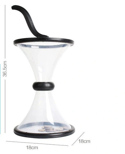 Transparent vortex piggy bank with coins spiraling down, fun and educational