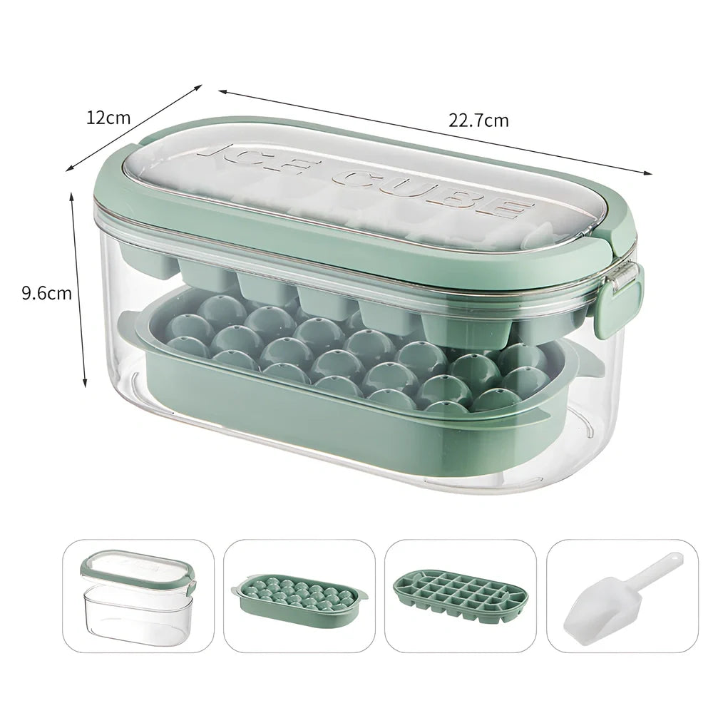Portable ice box with silicone grid producing 54 ice cubes, showing beige and fresh green colour options