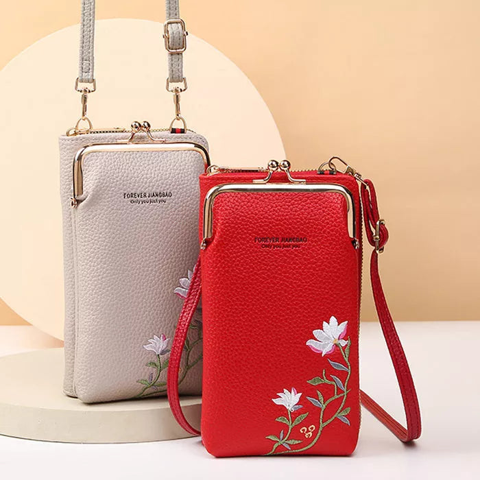 Flower embroidery phone bag with lock buckle in multiple colors