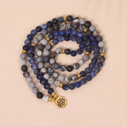 Blue patterned network stone bead multi-layer bracelet with alloy construction in natural style