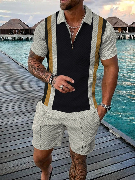 Men's casual color contrast polo zip lapel shirt short sleeve suit in various colors