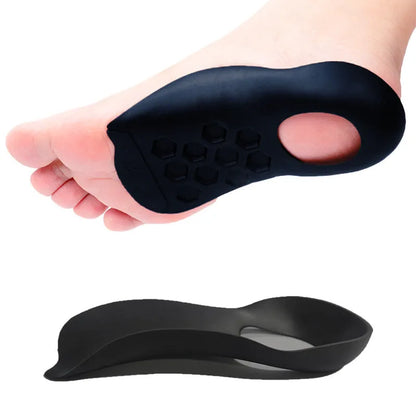 Pair of TPR varus correction arch support insoles in black, white, and skin colour options.