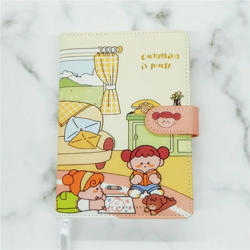A5PU thread-bound notepad with a choice of coloured covers showing eating ice cream, reading, travelling, and outing themes.