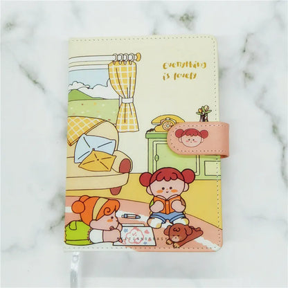 A5PU thread-bound notepad with a choice of coloured covers showing eating ice cream, reading, travelling, and outing themes.
