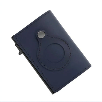 Slim leather wallet with built-in AirTag holder, featuring RFID-blocking technology and convenient card access
