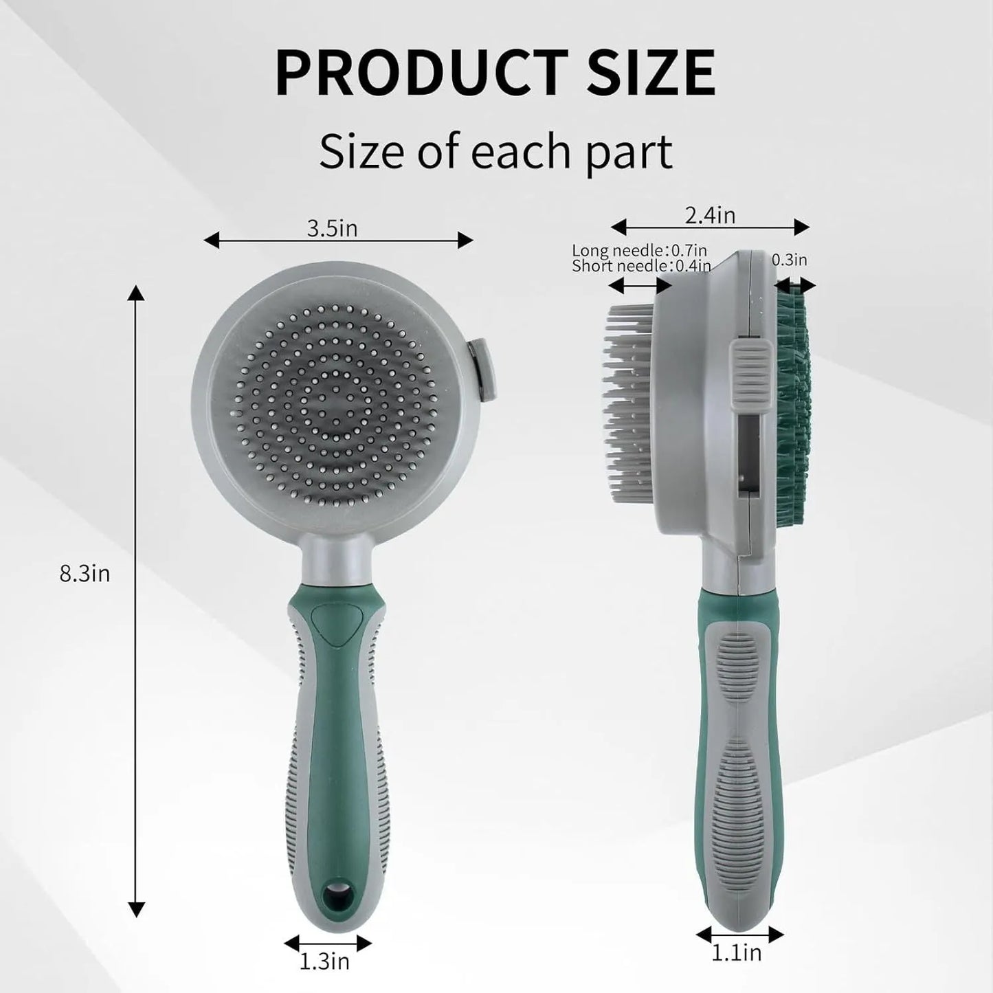 Green and pink two-sided pet brush showing retractable slicker bristles and silicone massage nubs on a white background.