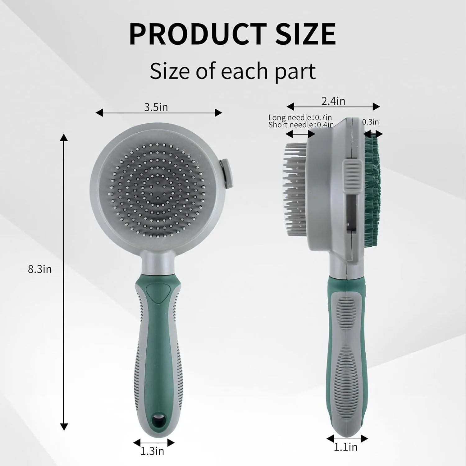 Green and pink two-sided pet brush showing retractable slicker bristles and silicone massage nubs on a white background.