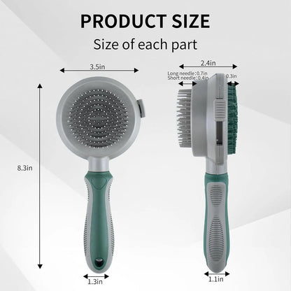 Green and pink two-sided pet brush showing retractable slicker bristles and silicone massage nubs on a white background.