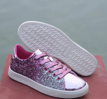 Women's colourful sequin casual low-top shoes in black, pink, and gold colours with lace-up front