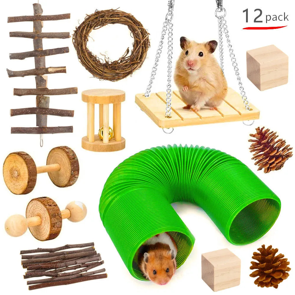 Assortment of wooden and natural fibre chew toys for small pets including balls, rings and woven shapes.