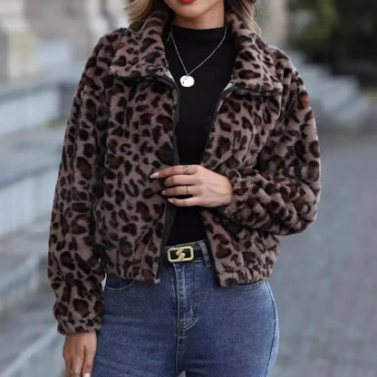 Women's loose leopard print coat with zipper and raglan sleeves in polyester rabbit fur fabric