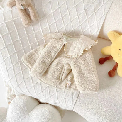 Children's fleece-lined lapel jacket in beige with single-breasted closure