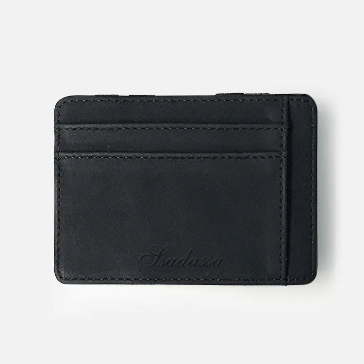 Matte leather magic wallet in horizontal square shape with sewing line detail and coin pocket