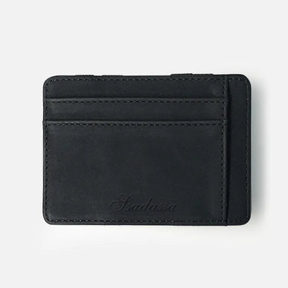 Matte leather magic wallet in horizontal square shape with sewing line detail and coin pocket