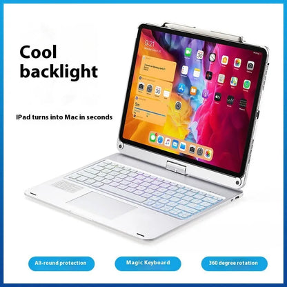 Miaocontrol silver Bluetooth keyboard rotated to portrait mode with an iPad Pro 11-inch attached